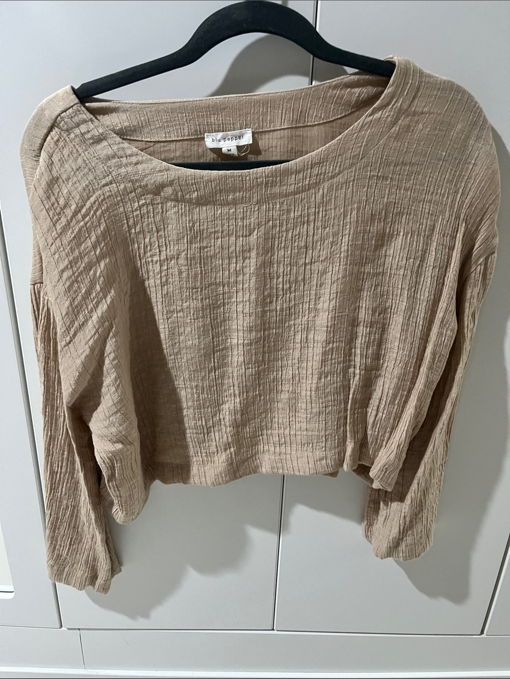 Blu Pepper Beige Crinkle Long-Sleeve Boxy Top